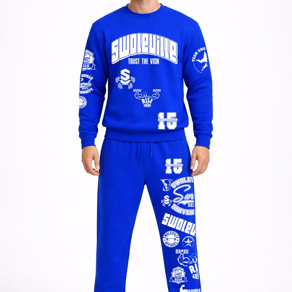 Blue tracksuit with white text and logos on a white background