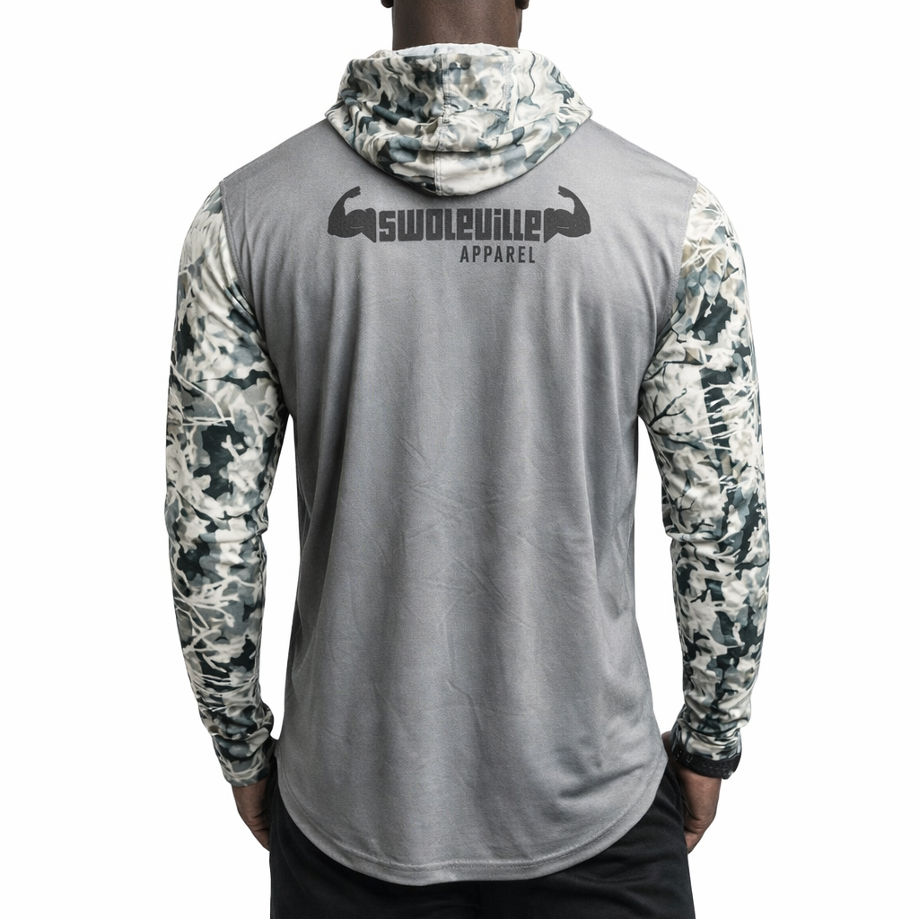 Gray athletic hoodie with camouflage sleeves and 'Swoleville Apparel' branding on the back.