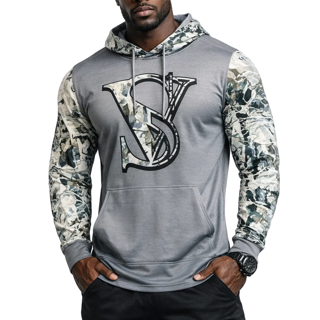Gray hoodie with camouflage sleeves and a logo on a white background