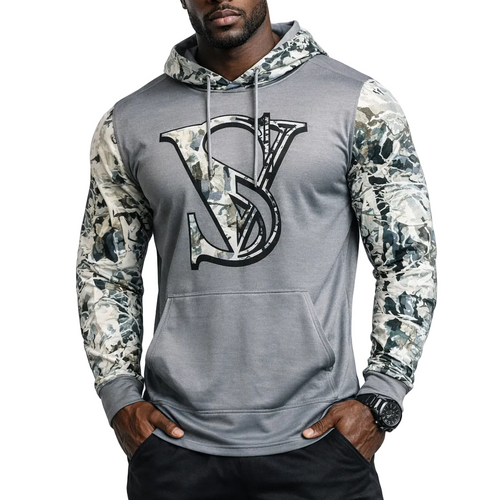 Gray hoodie with camouflage sleeves and a logo on a white background