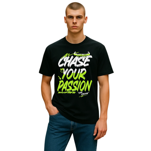 Person wearing a black t-shirt with 'Chase Your Passion' text on a white background