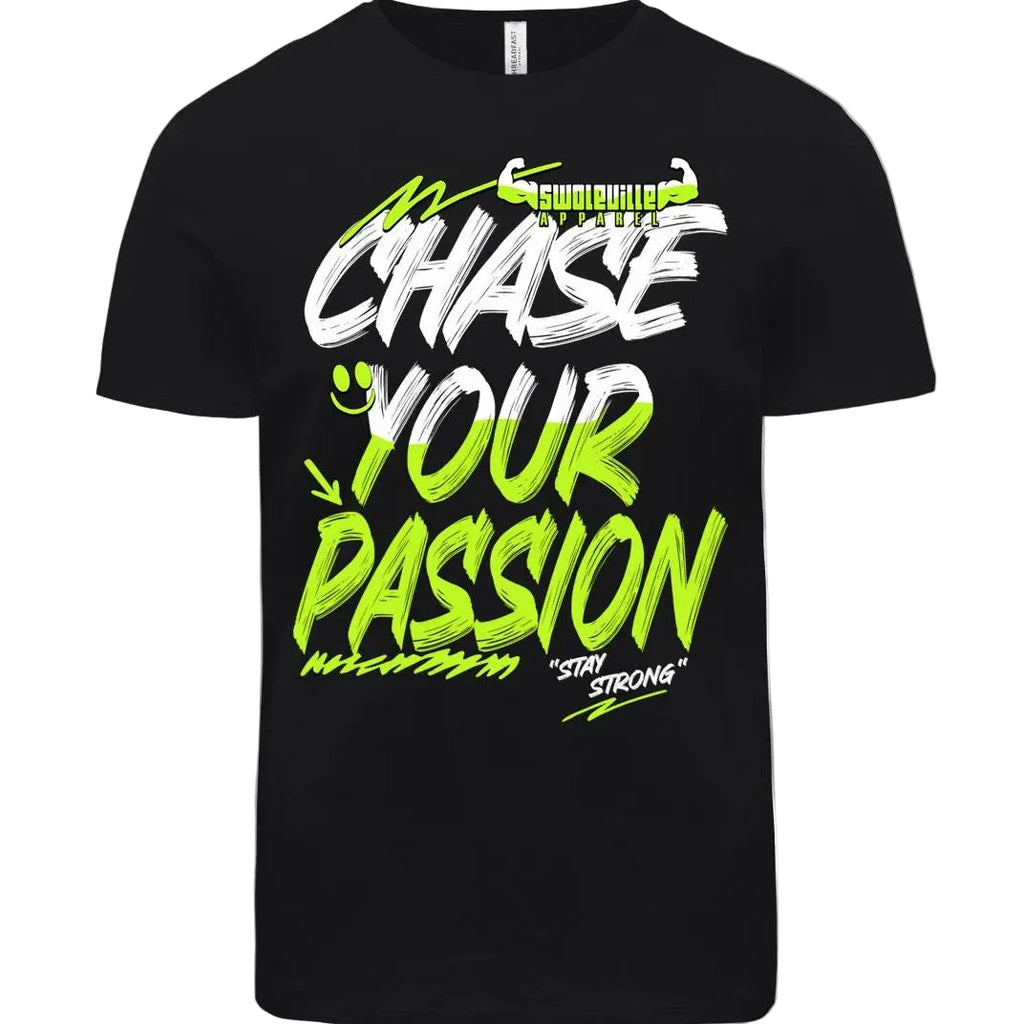 Black t-shirt with 'Chase Your Passion' text in white and green on a white background