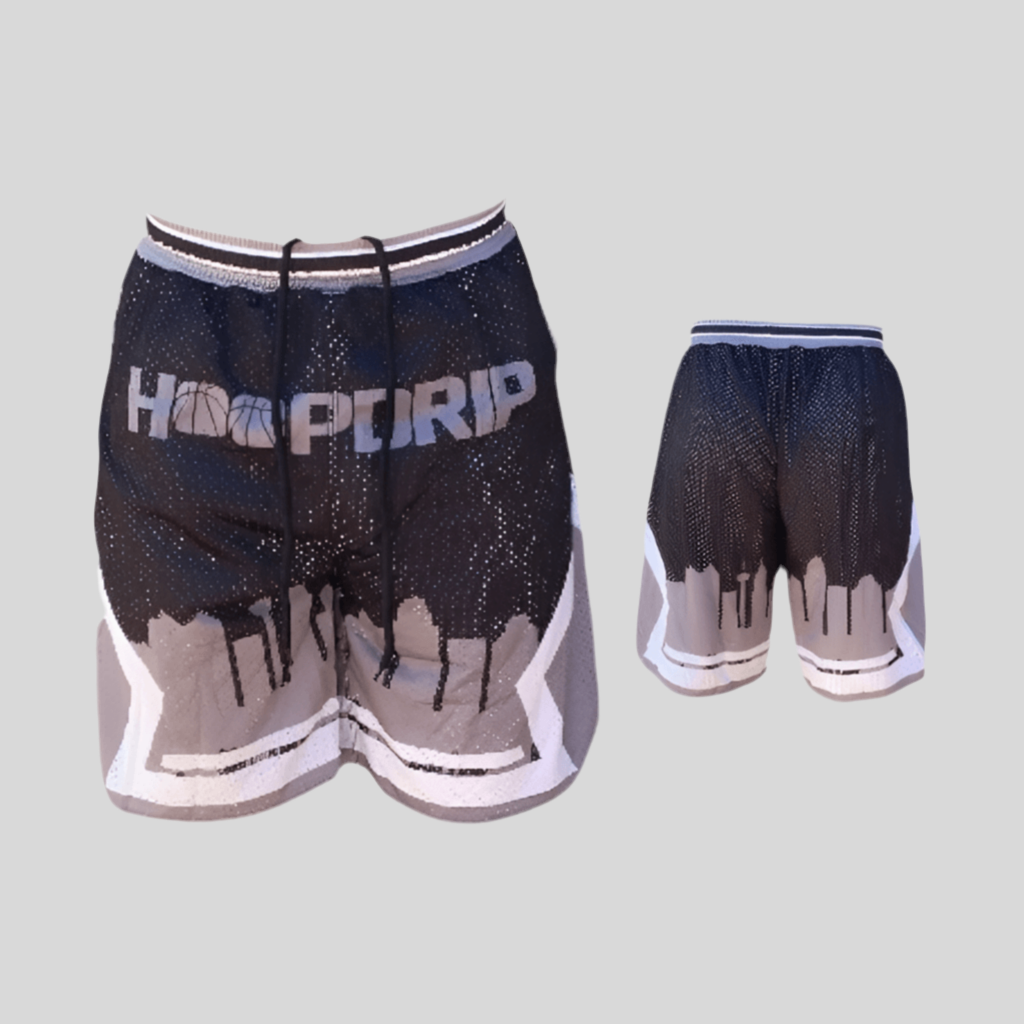 Black and gray shorts with 'Hoopurip' branding on a light gray background