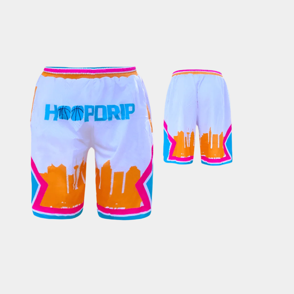 Colorful shorts with 'HoopDrip' branding on a light gray background