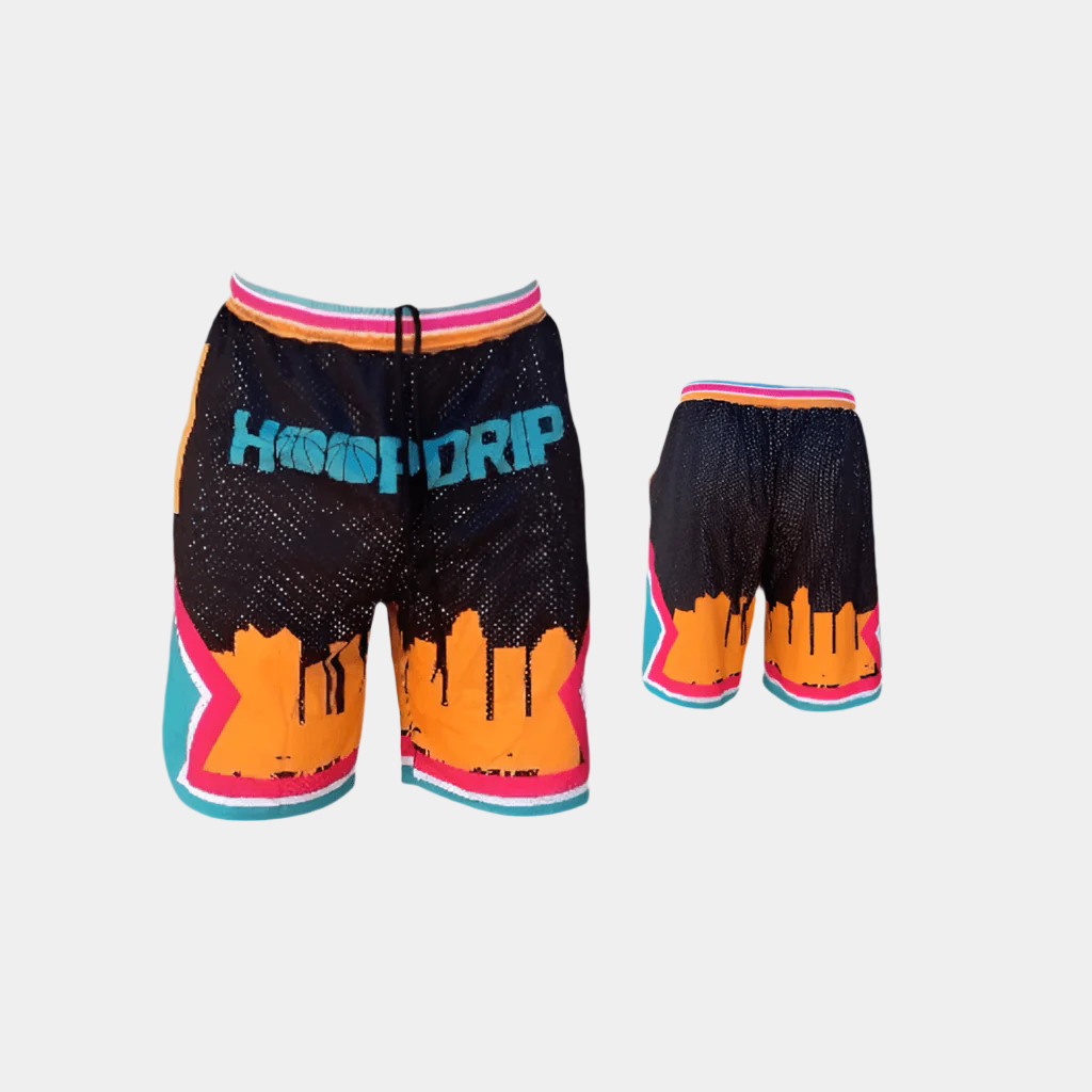 Colorful shorts with 'HOODRIP' branding on a light gray background
