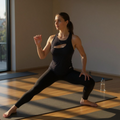 Woman practicing yoga in a studio with a bottle of water on the floor.