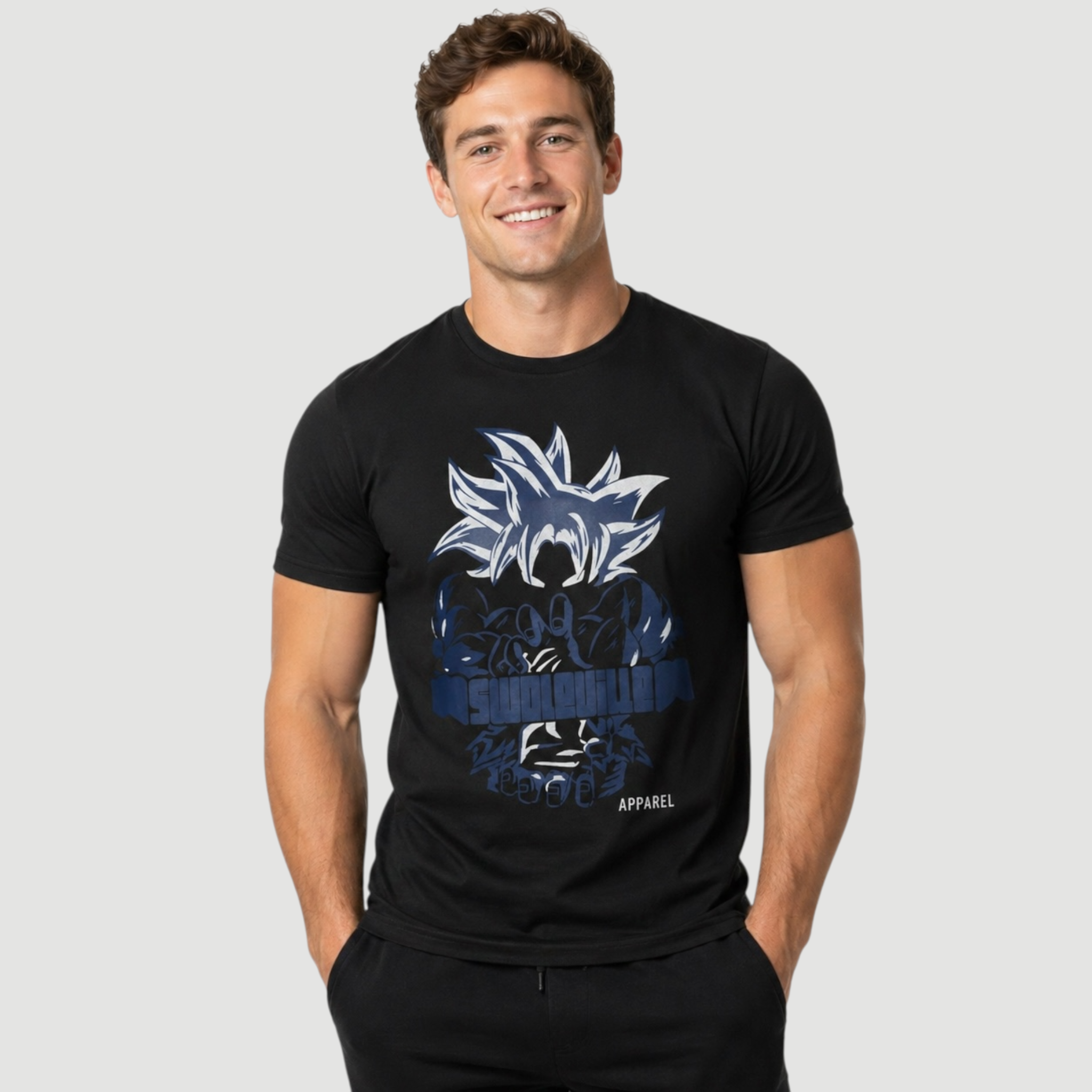 Man wearing a black t-shirt with a graphic design on a plain background