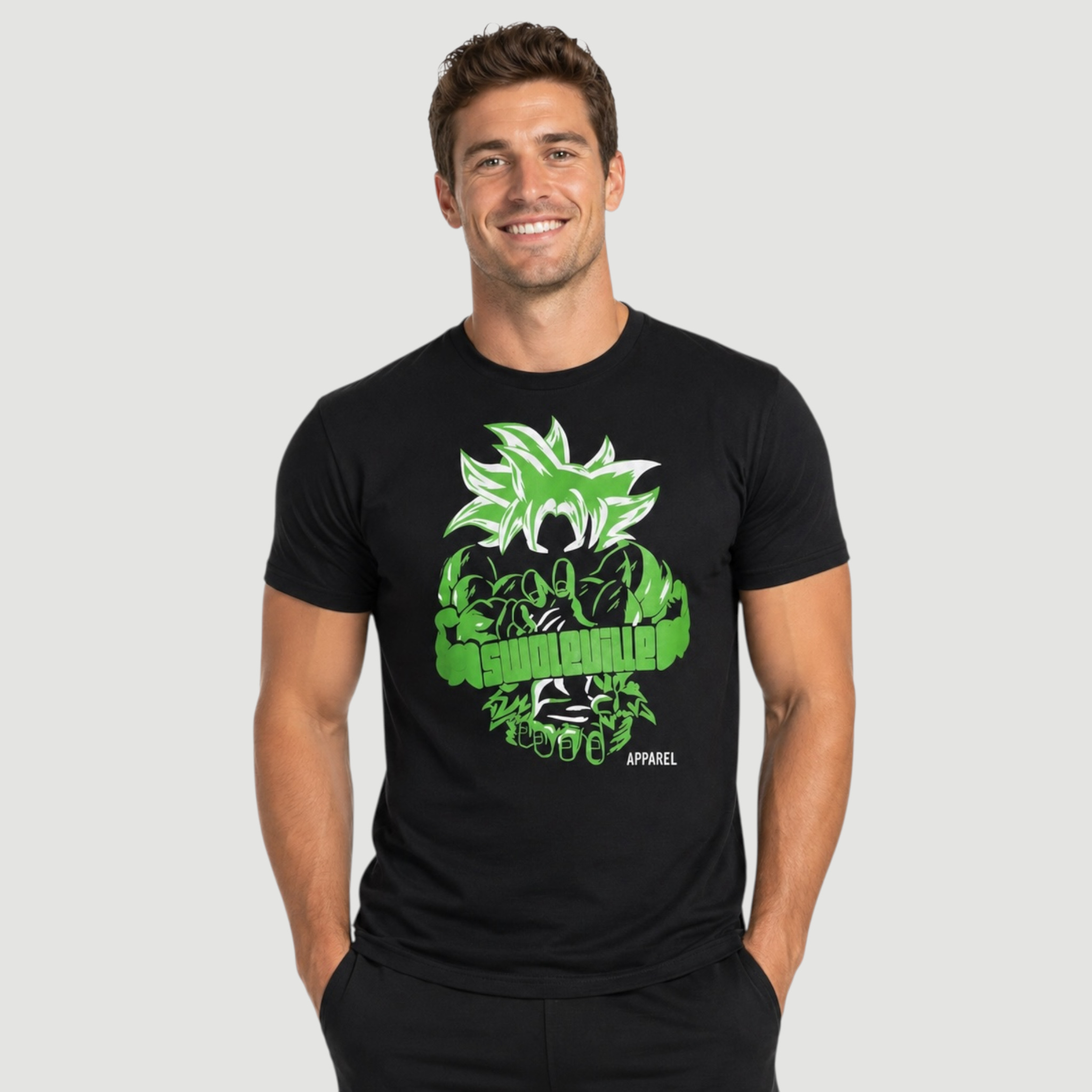 Man wearing a black t-shirt with green graphic design on a gray background