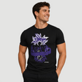 Man wearing a black t-shirt with a purple graphic design on a light gray background