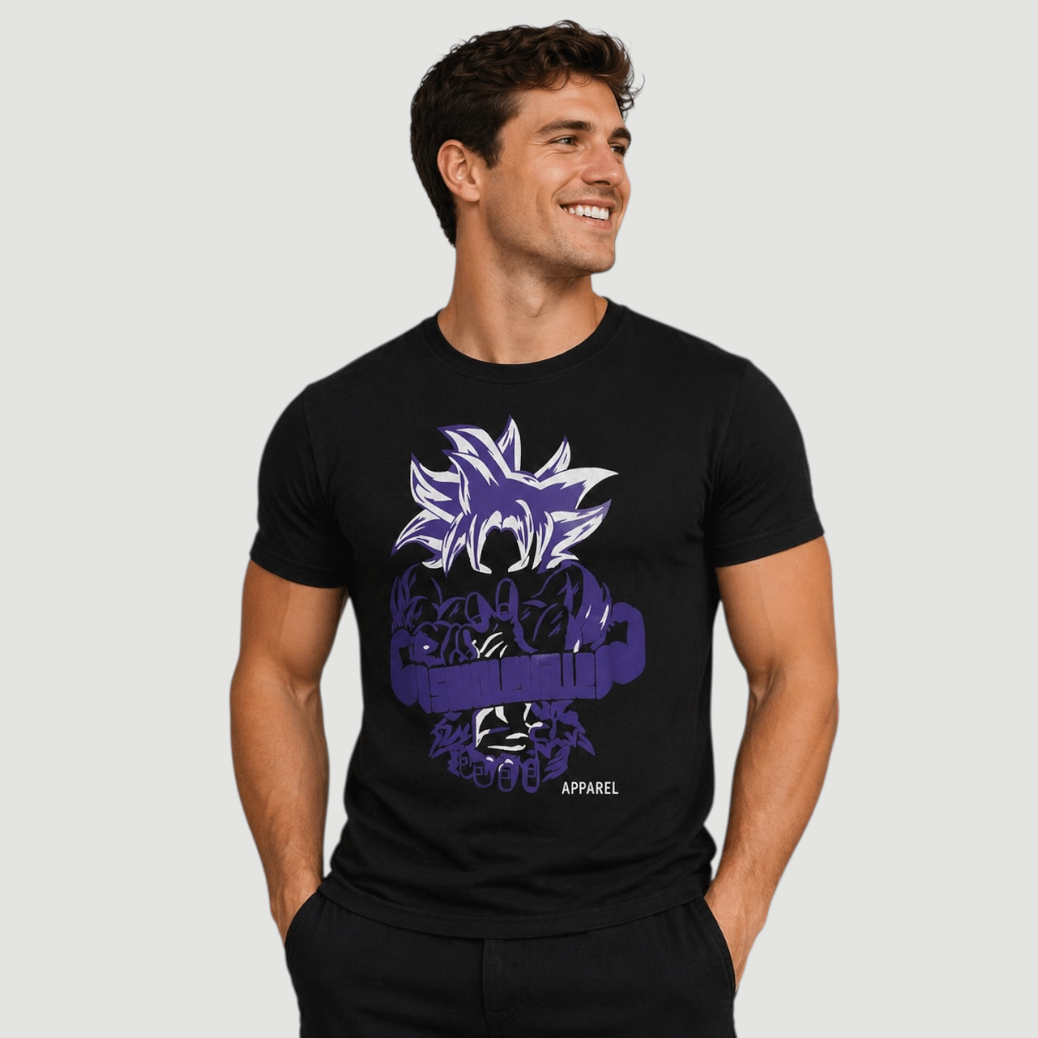 Man wearing a black t-shirt with a purple graphic design on a light gray background