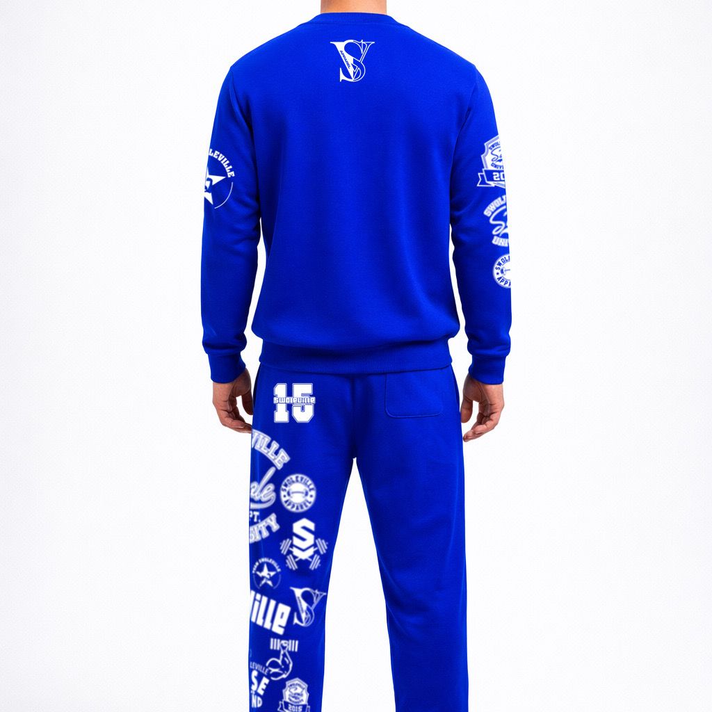 Blue tracksuit with white patterns on a white background