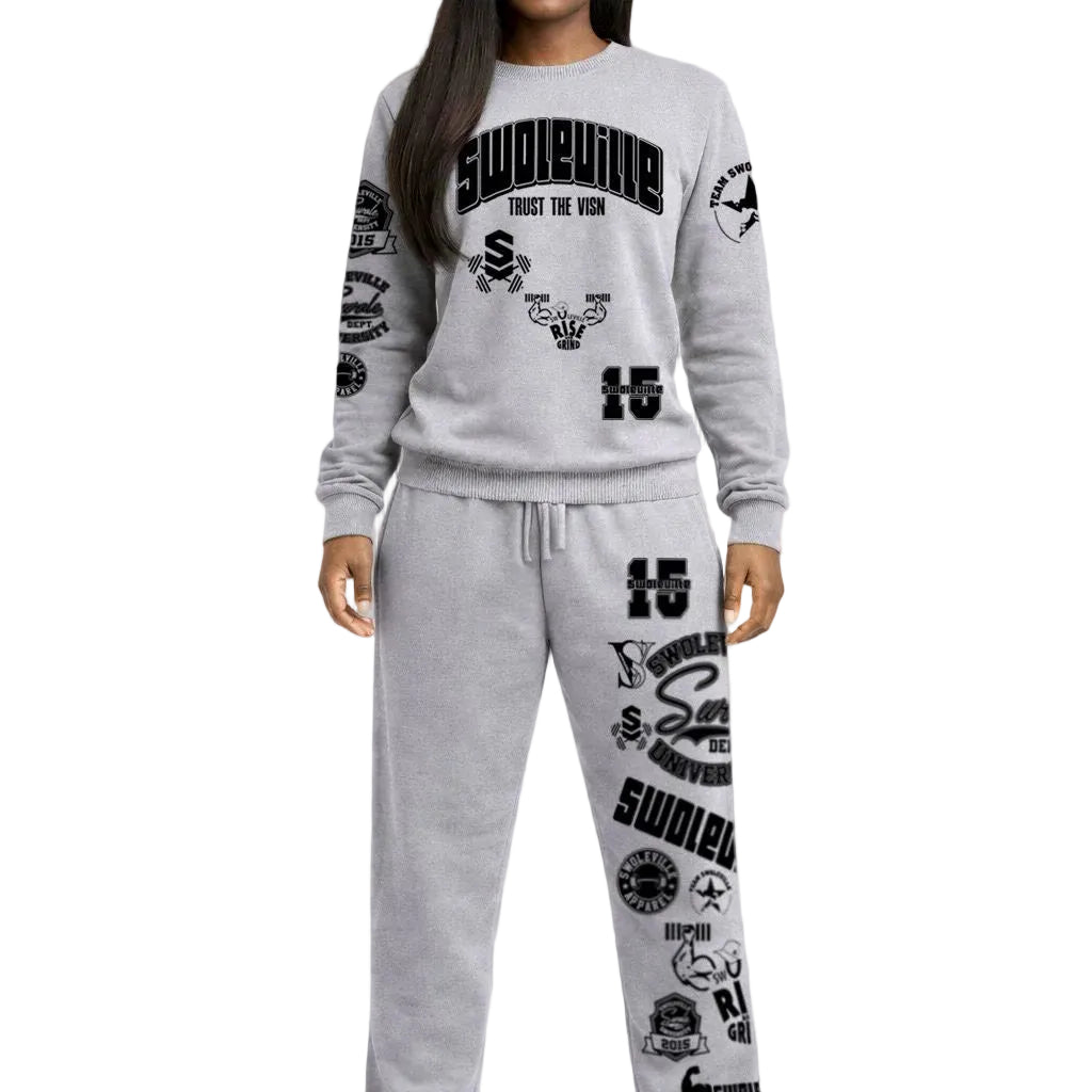 Gray sweatshirt and pants set with branding on a white background