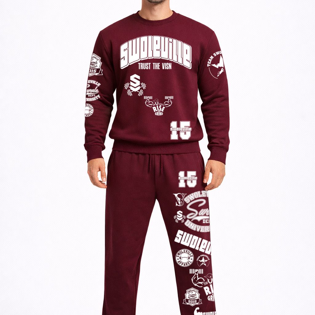Maroon tracksuit with white text and logos on a white background