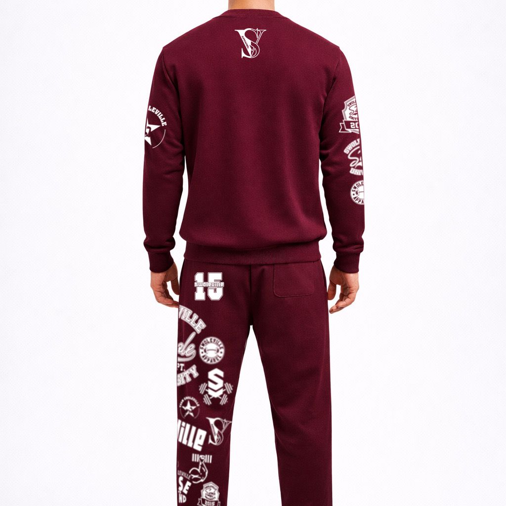 Maroon tracksuit with white patterns on a white background