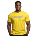Man wearing a yellow t-shirt with a logo on a plain background