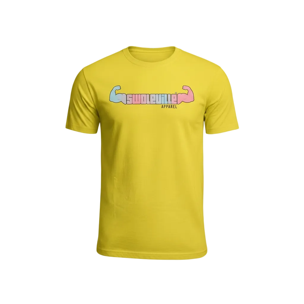Yellow t-shirt with colorful logo on a white background