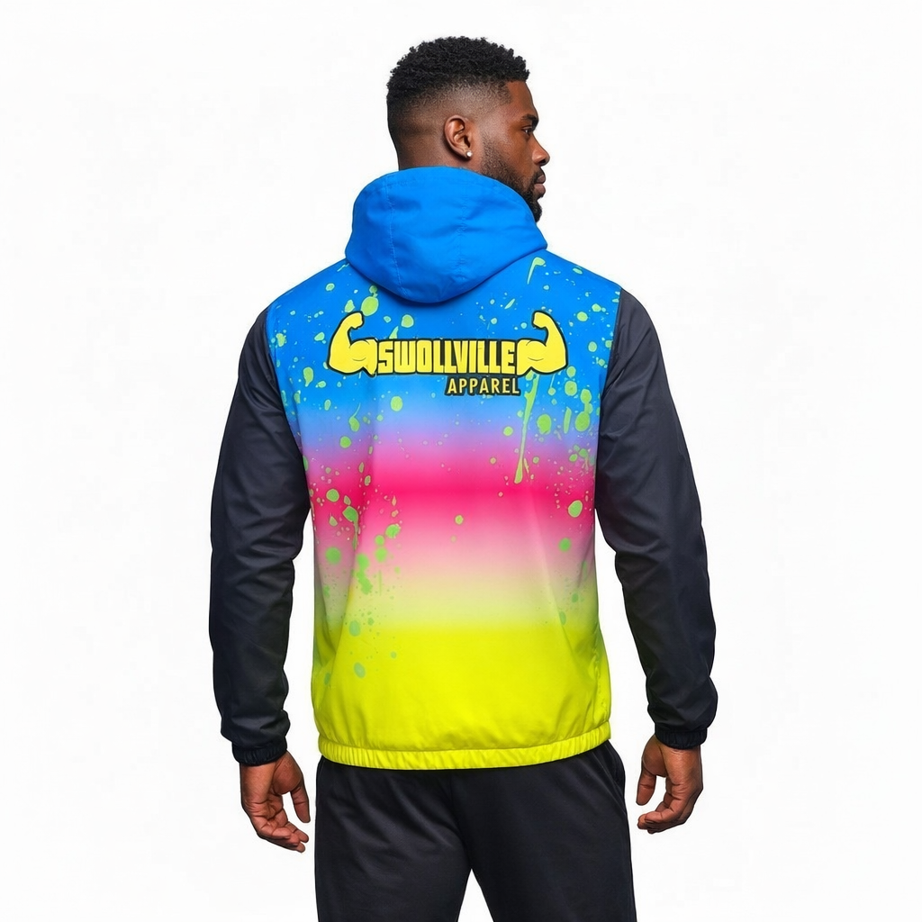 Person wearing a colorful jacket with 'Swollenville Apparel' logo on a white background