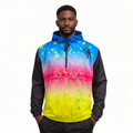 Man wearing a colorful gradient jacket with black sleeves on a white background