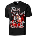 Black t-shirt with a graphic of a skeleton lifting weights and the text 'Thug It Out!' on a white background.