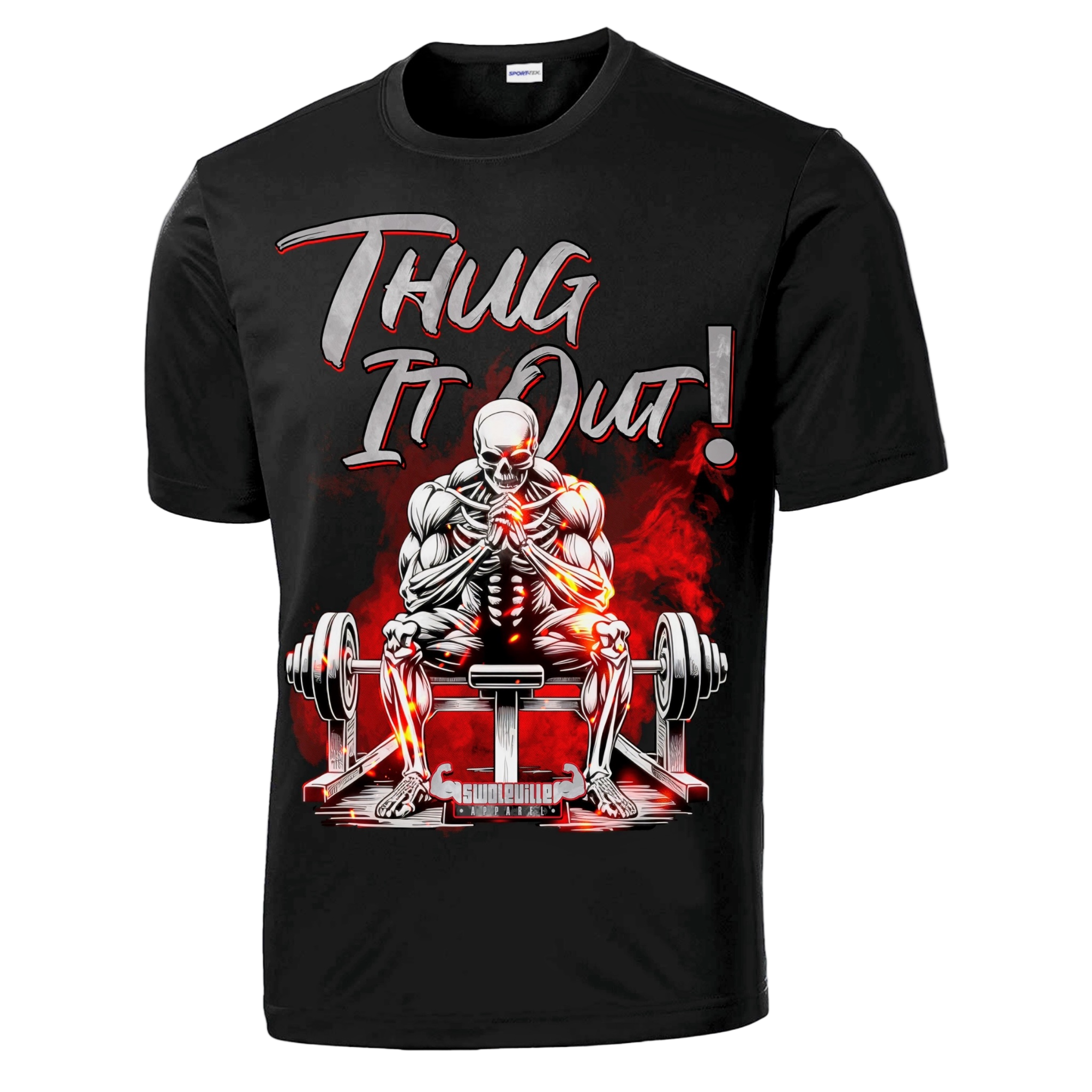 Black t-shirt with a graphic of a skeleton lifting weights and the text 'Thug It Out!' on a white background.