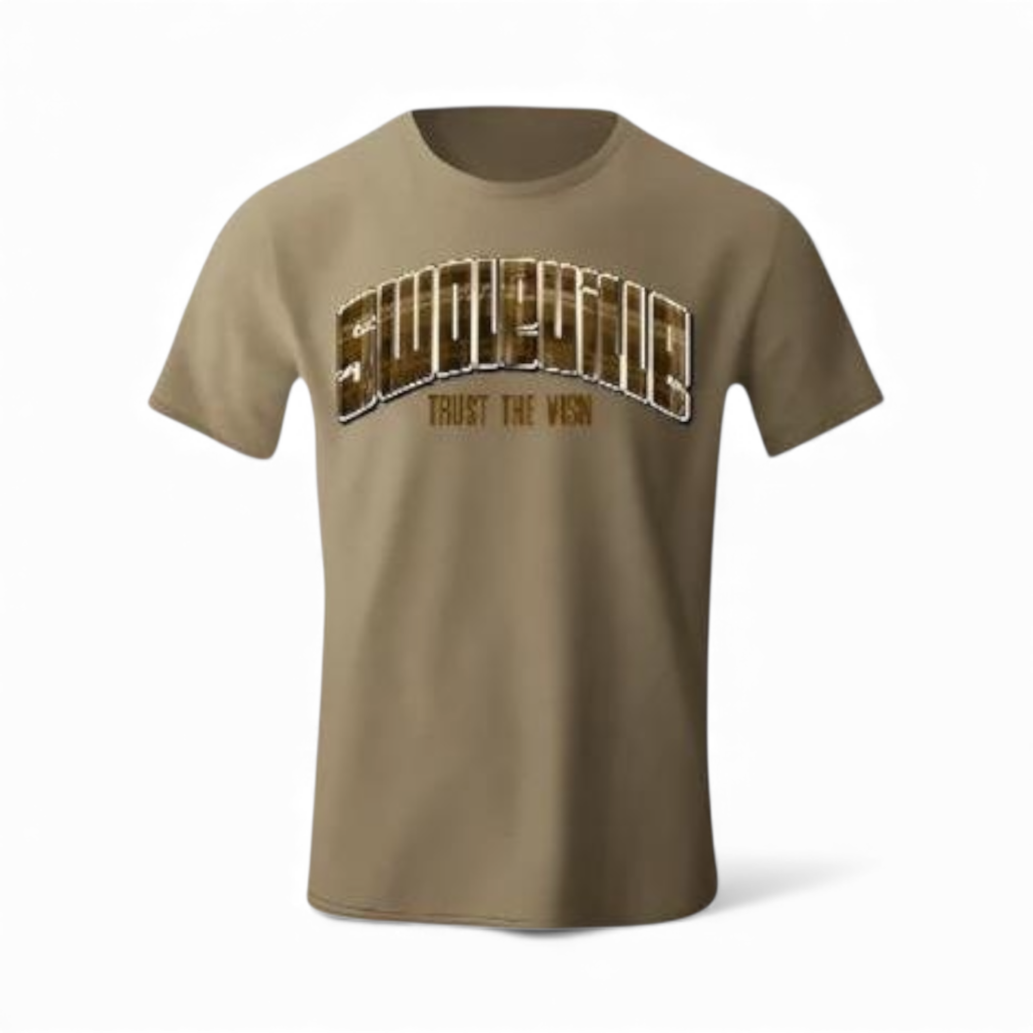 Khaki t-shirt with text on a white background