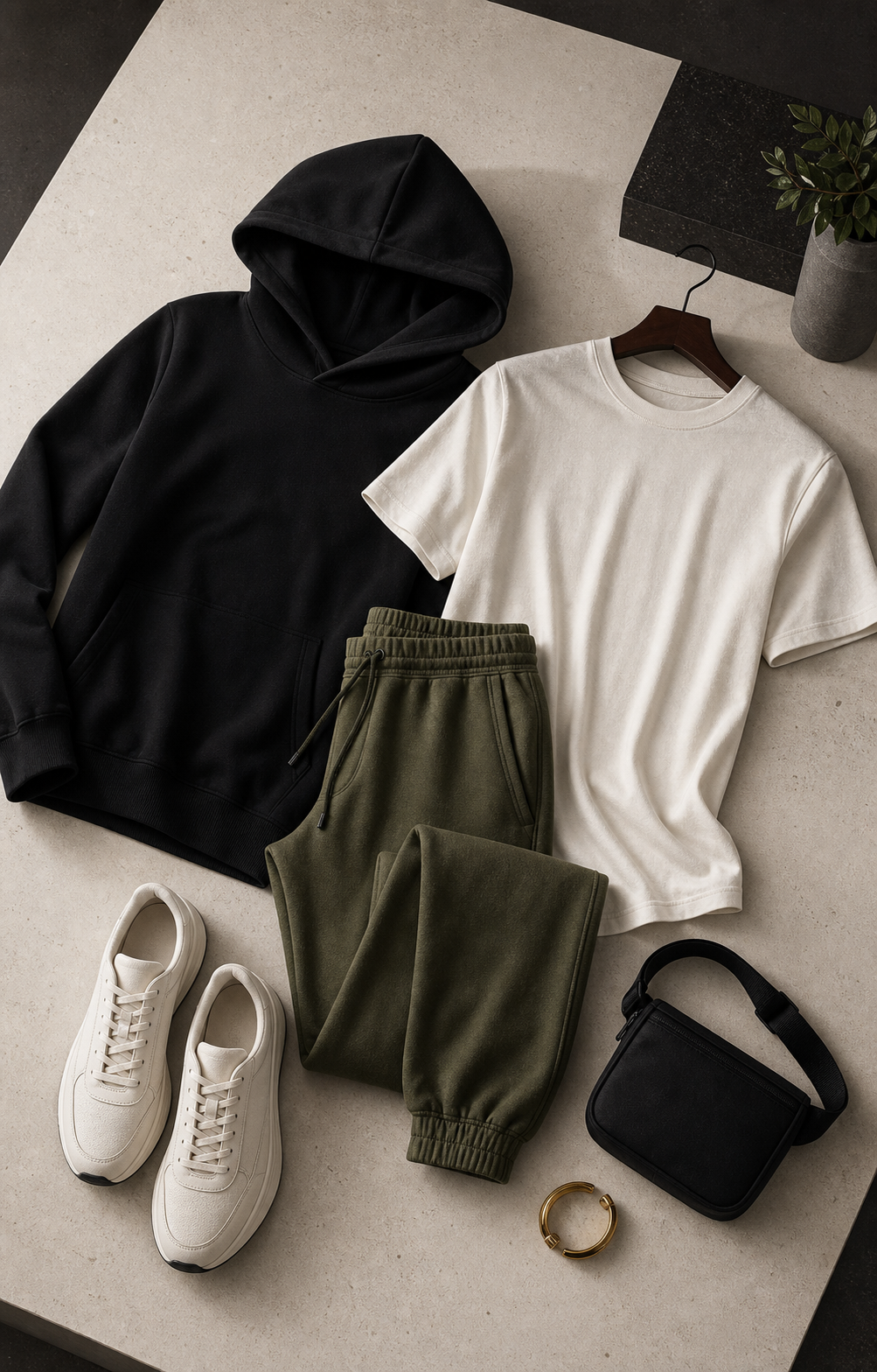 Premium athleisure capsule wardrobe in black, off-white, and olive